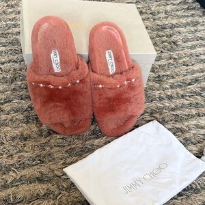Luxury Jimmy Choo Pink Furry Slippers with Pearls and Crystals, Size 36